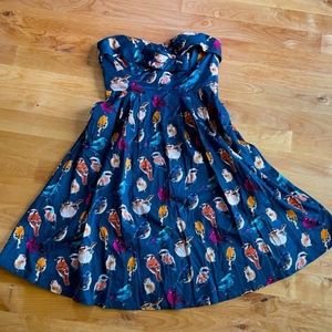 Anthropologie Maeve Navy Bird Print Strapless Dress 10